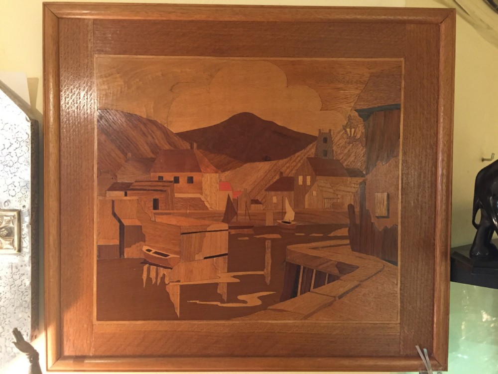 art deco marquetry wooden panel of harbour scene c1930