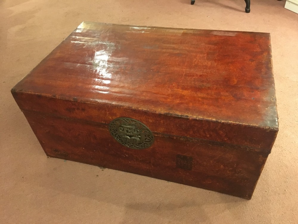 chinese parchment leather trunk circa 1900