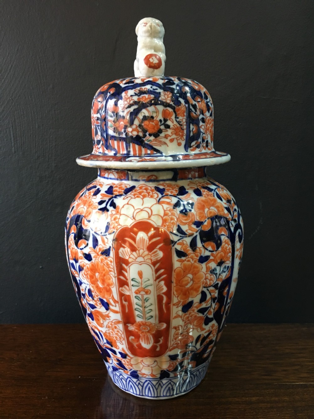 meiji period imari fluted jar and shishi finial lid c19th