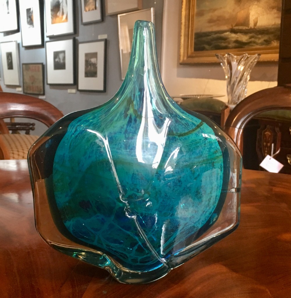 mdina sea blue 'fish vase' by michael harris c1973