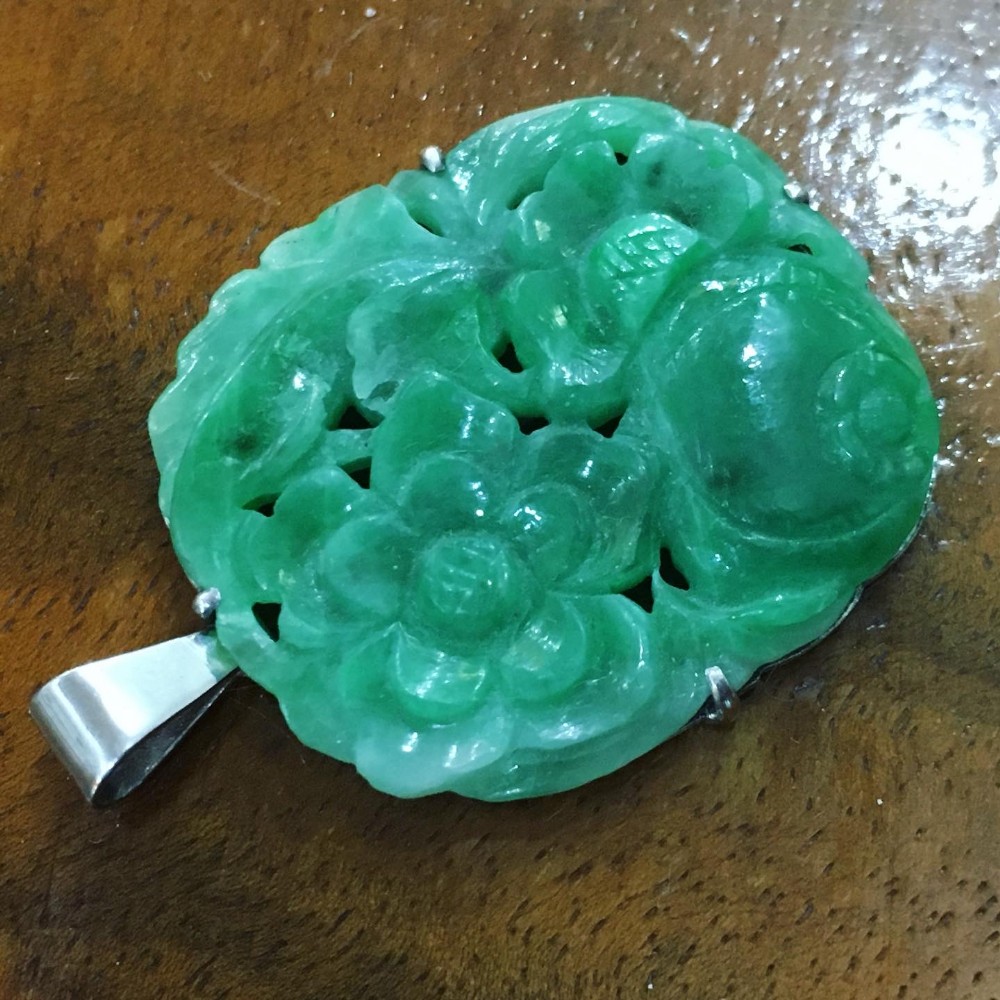 jade pendant carved fruit blossom desirable emerald green tone c19th