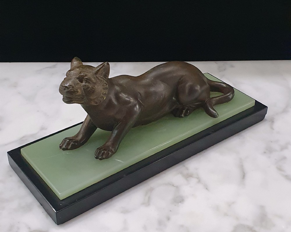 art deco bronze crouching panther c192030 on onyx on belgian marble plinth