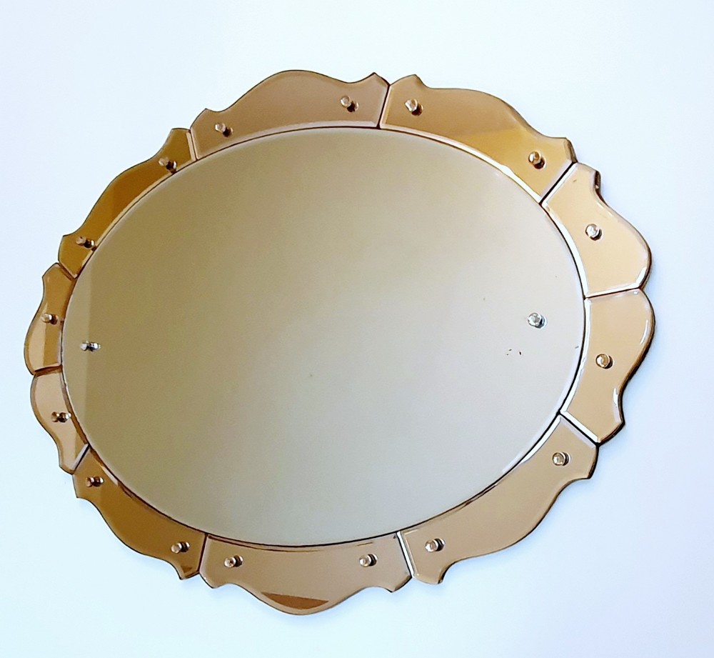 art deco mirror oval with peach scalloped edge wall hanging c 1930