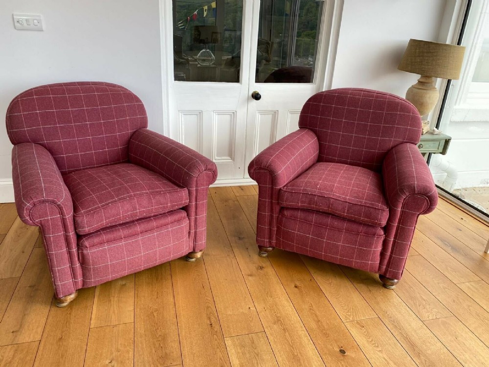 pair art deco reupholstered club armchairs c1920