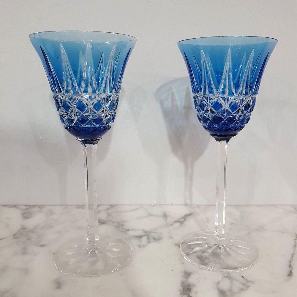 pair st louis crystal wine glasses sapphire blue stamped cristal saint louis france