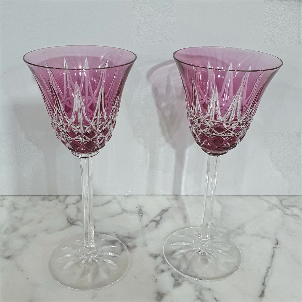 pair st louis crystal wine glasses amethyst purple stamped cristal saint louis france