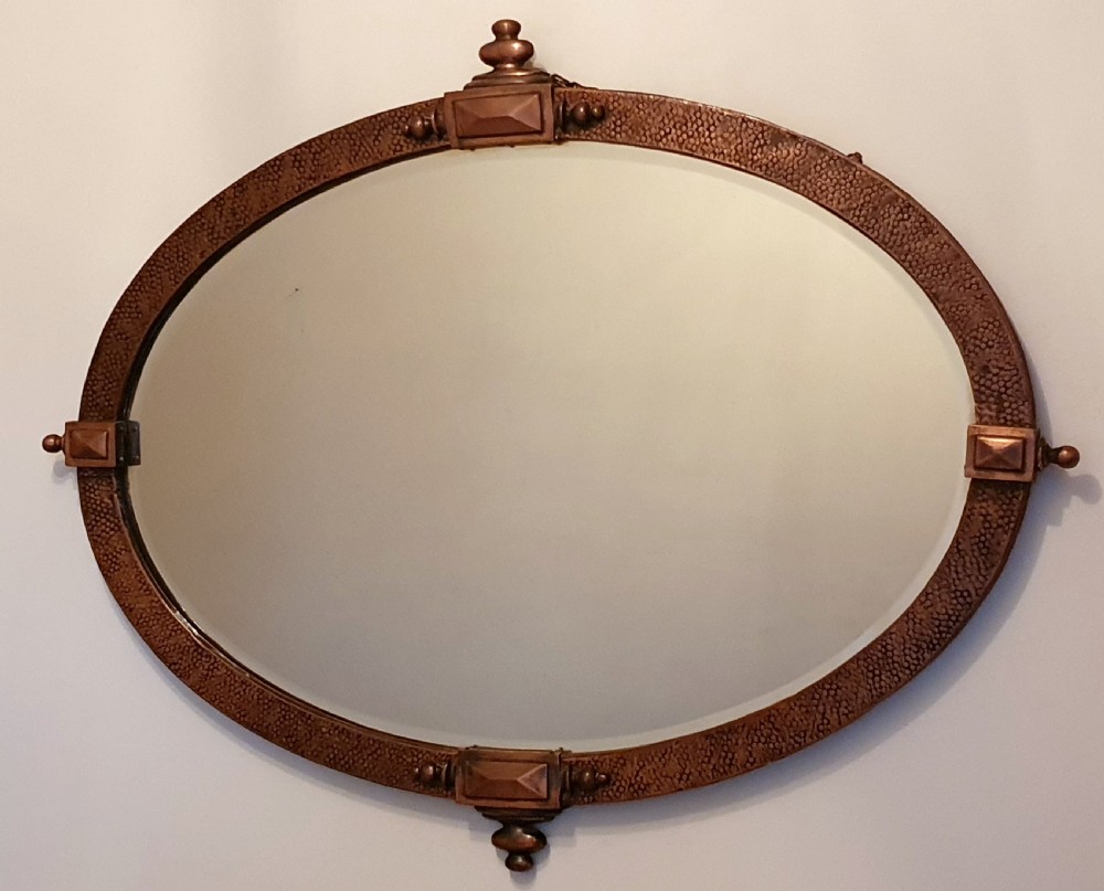 arts crafts hammered copper overmantle mirror with rare detailing original hanging chain c1910