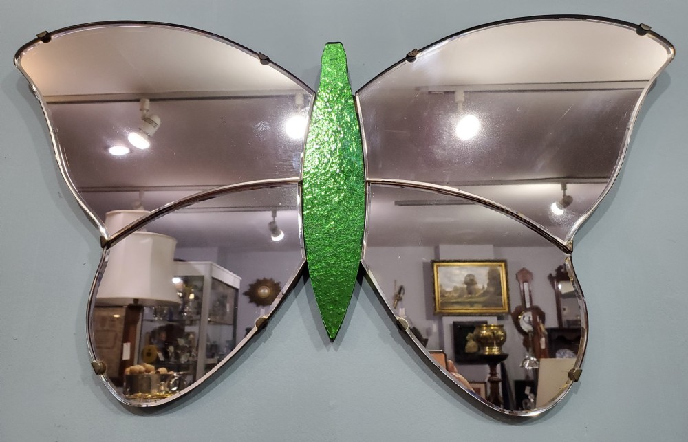 art deco pink rose green glass butterfly mirror c1920s