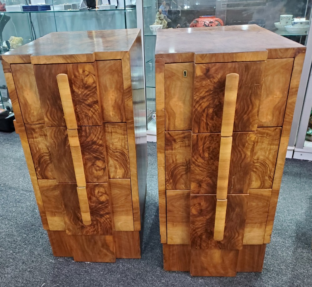 pair of art deco burr walnut bedside cabinets c1920s