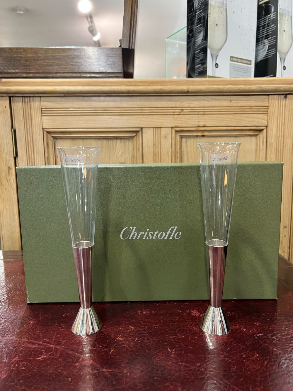 christofle pair of vintage crystal silver champagne flutes