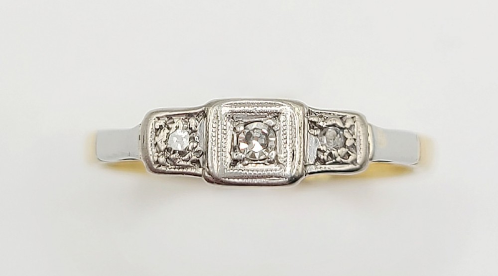 art deco diamond trilogy platinum set 18ct gold ring k12