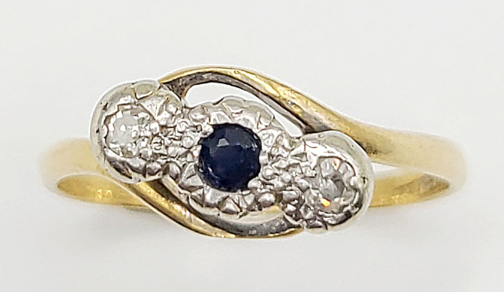 art deco sapphire diamond trilogy on 18ct gold platinum twist ring j12