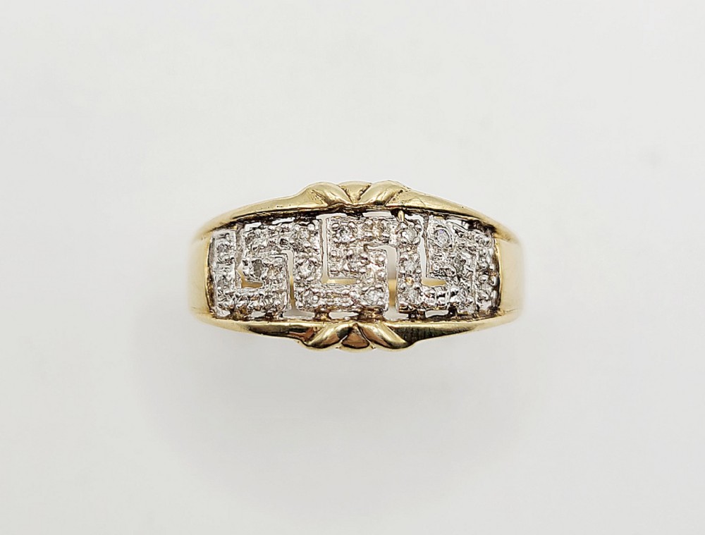 greek key pattern diamond white yellow 9ct gold ring v