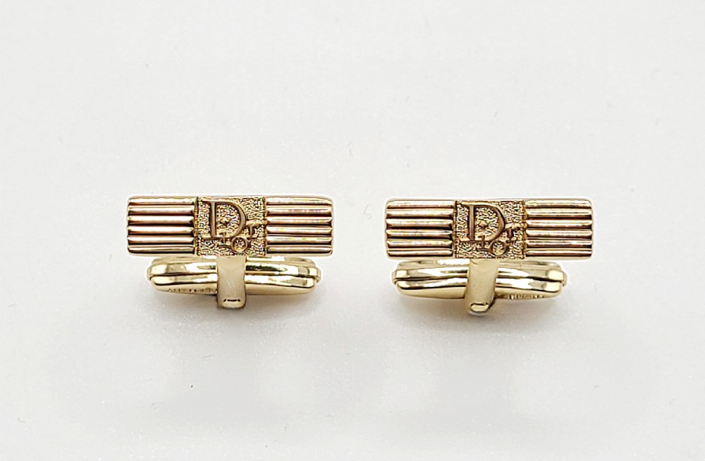 dior yellow gold tone rectangular logo men's cufflinks