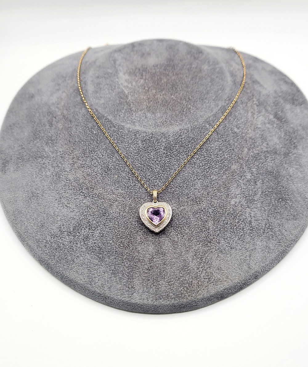 9ct gold amethyst diamond heart pendant gold chain