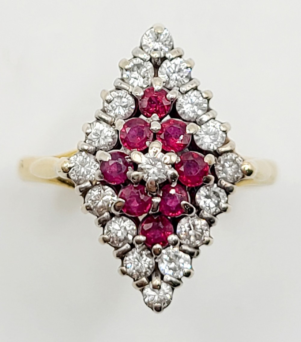 edwardian 18ct gold ruby diamond marquise cluster ring n12