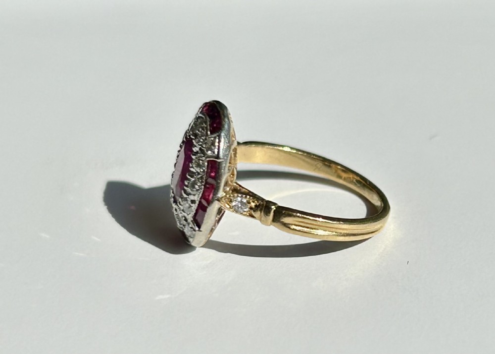 french art deco ruby diamond 18ct gold cluster ring c1920's l