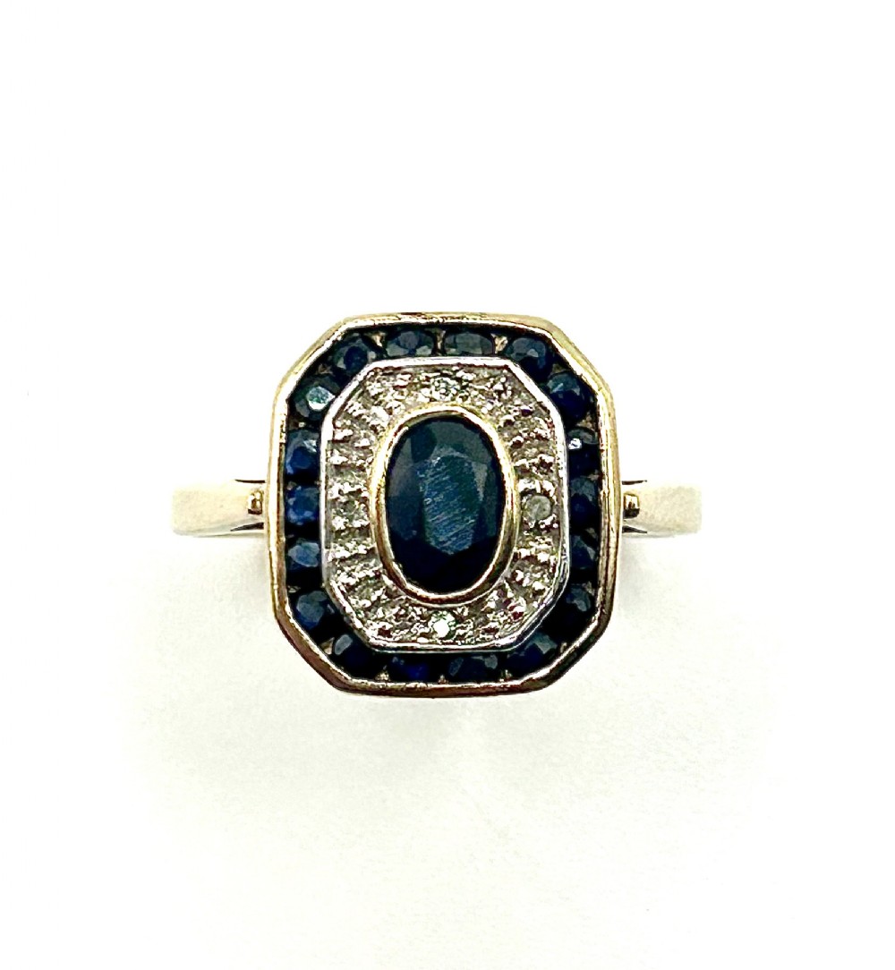 art deco design sapphire illusion diamond 9ct gold ring