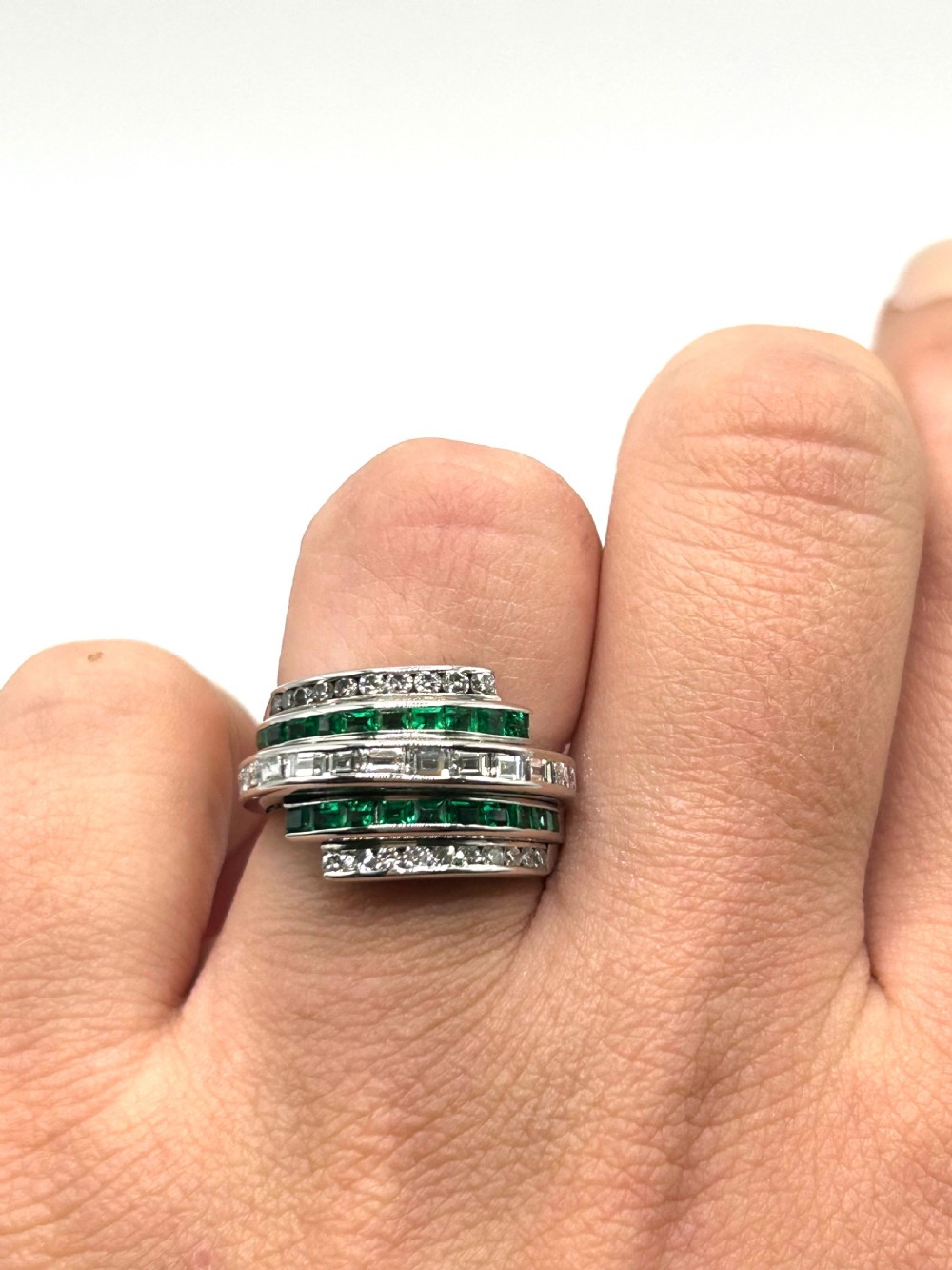 art deco emerald diamond bombe dome platinum ring n