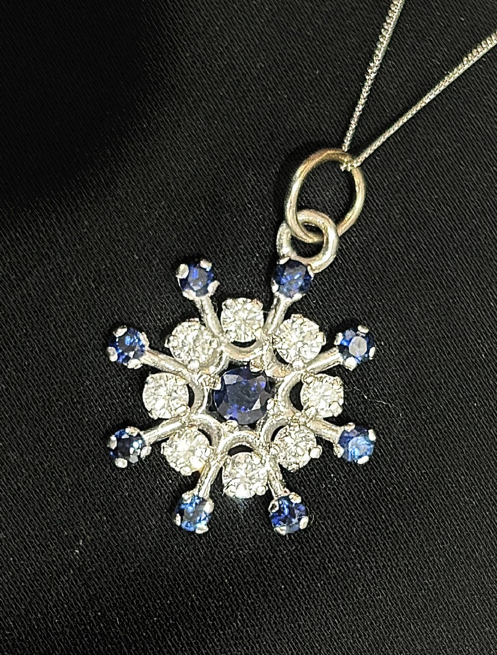 diamond sapphire 18ct white snowflake pendant on 9ct white gold chain