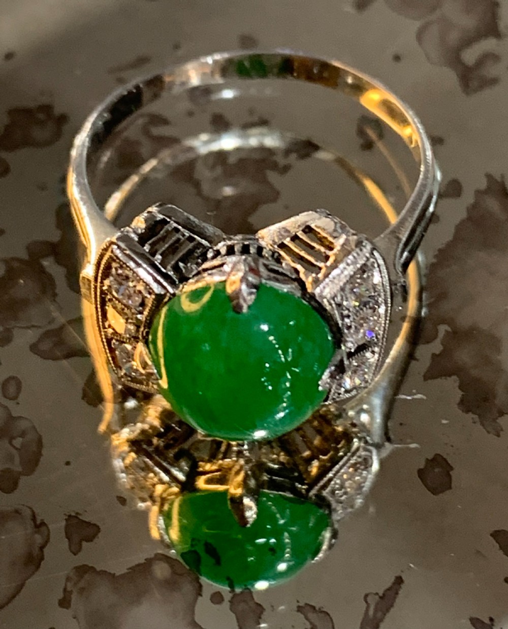 art deco platinum diamond jade ring c1920's size m