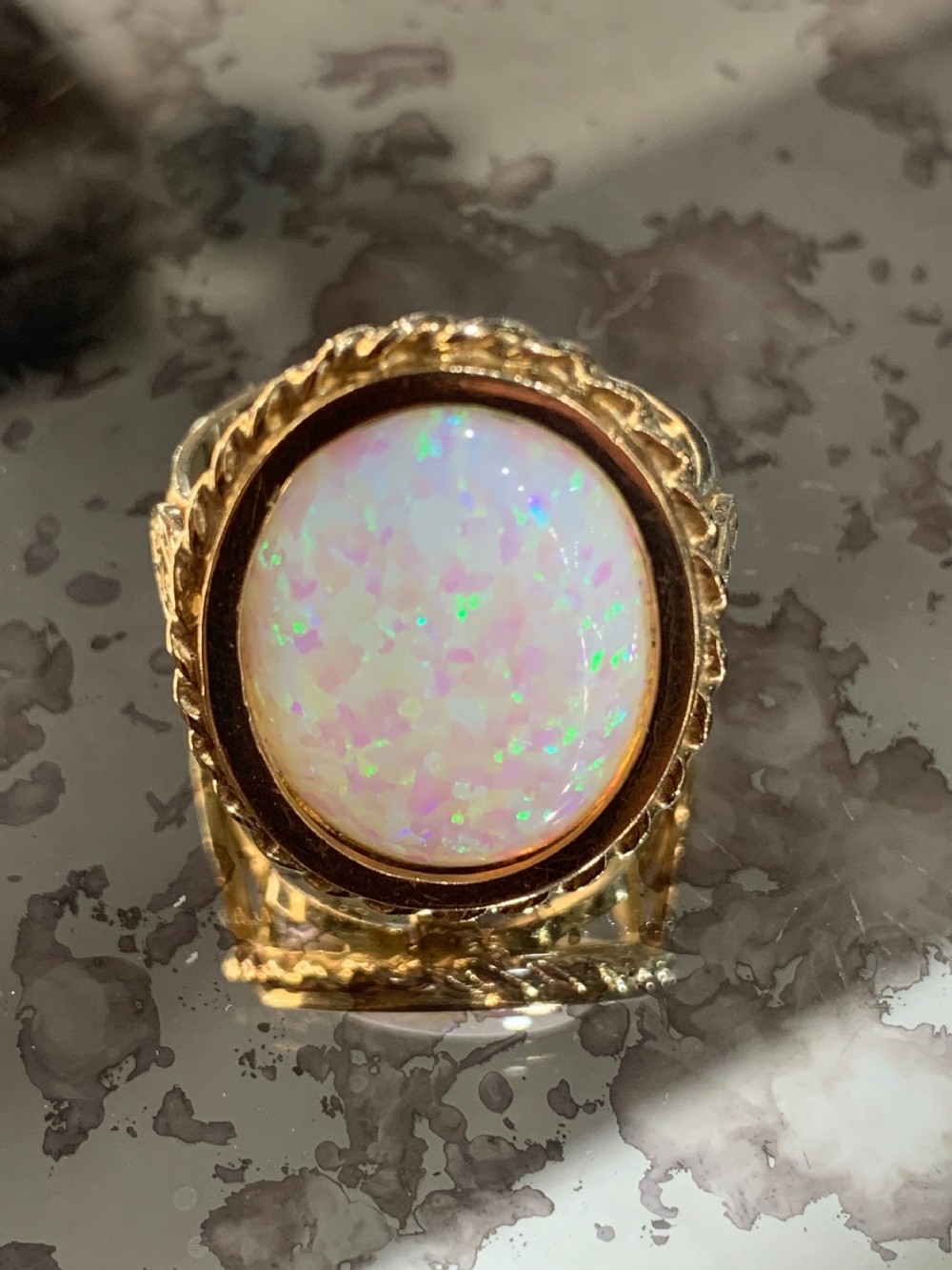 fine exceptional opal with flashes of green 9ct gold ring s