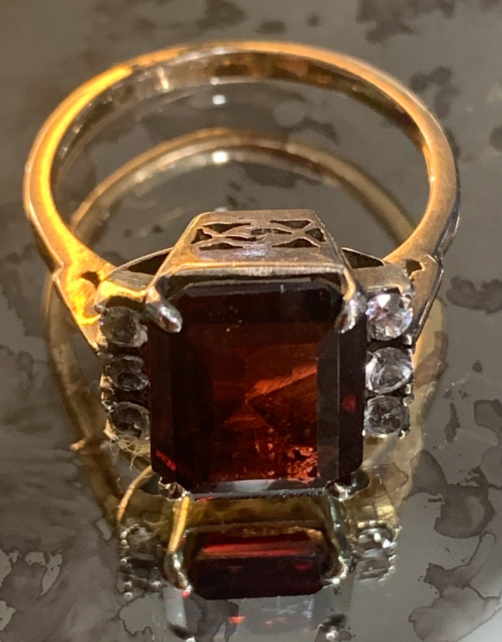 art deco emerald cut garnet and white sapphire 9ct gold ring size k12