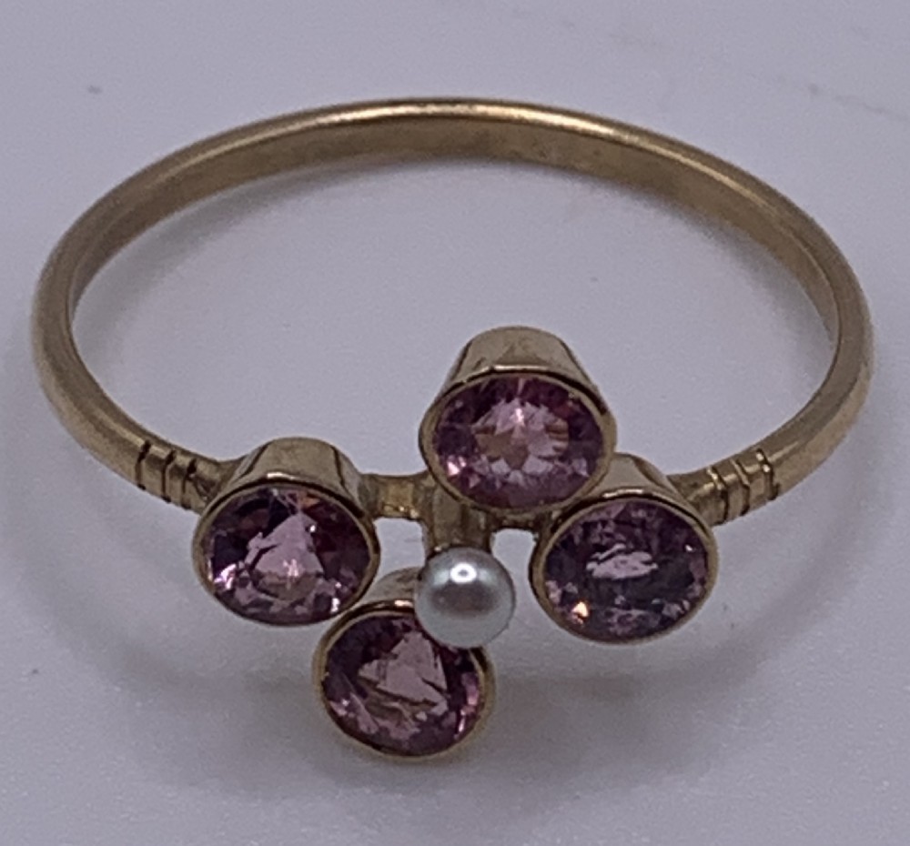 victorian 15ct gold pink tourmaline and pearl cluster ring size s