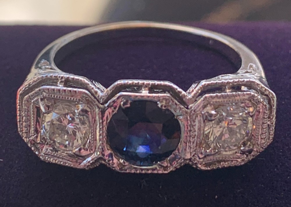 striking art deco sapphire diamond 3 stone ring c1920 in 15ct gold size n