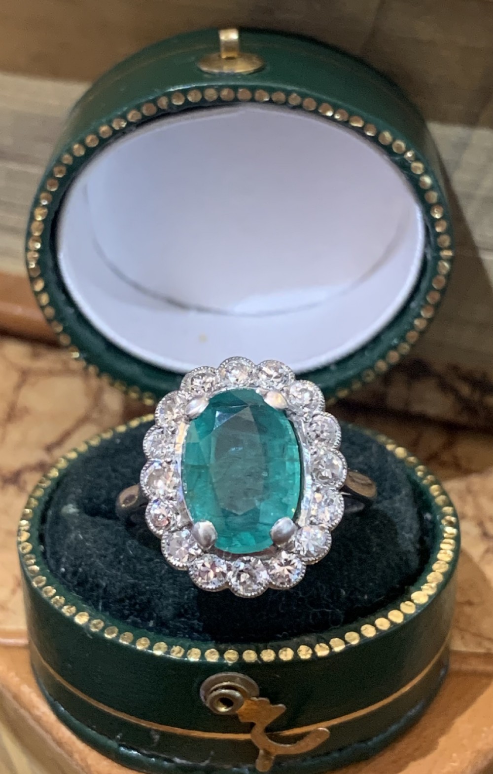 art deco 21ct emerald and diamond platinum cluster ring size m