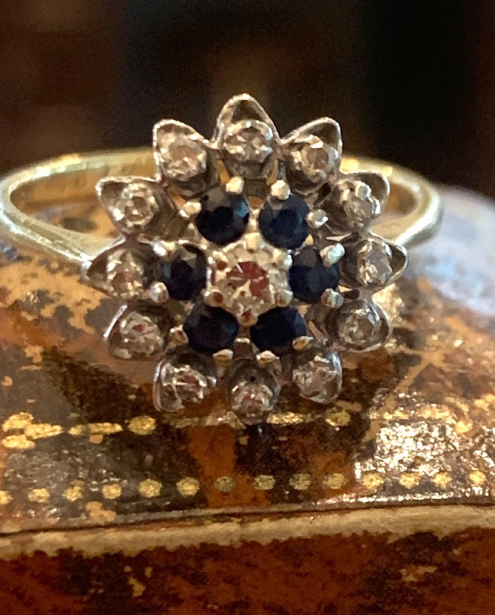 antique sapphire diamond halo platinum set target 18ct gold ring size l