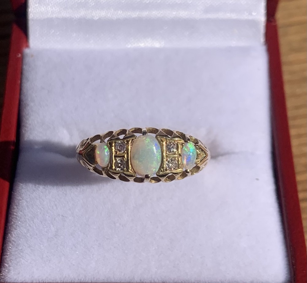 victorian opal diamond trilogy 18ct gold ring size q
