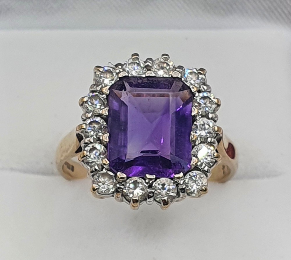 vintage amethyst cubic zirconia statement ring 9ct gold size o