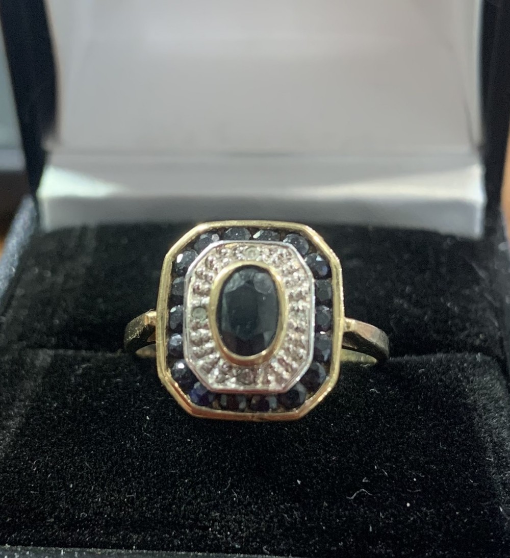 art deco style sapphire and diamond 9ct gold ring size n