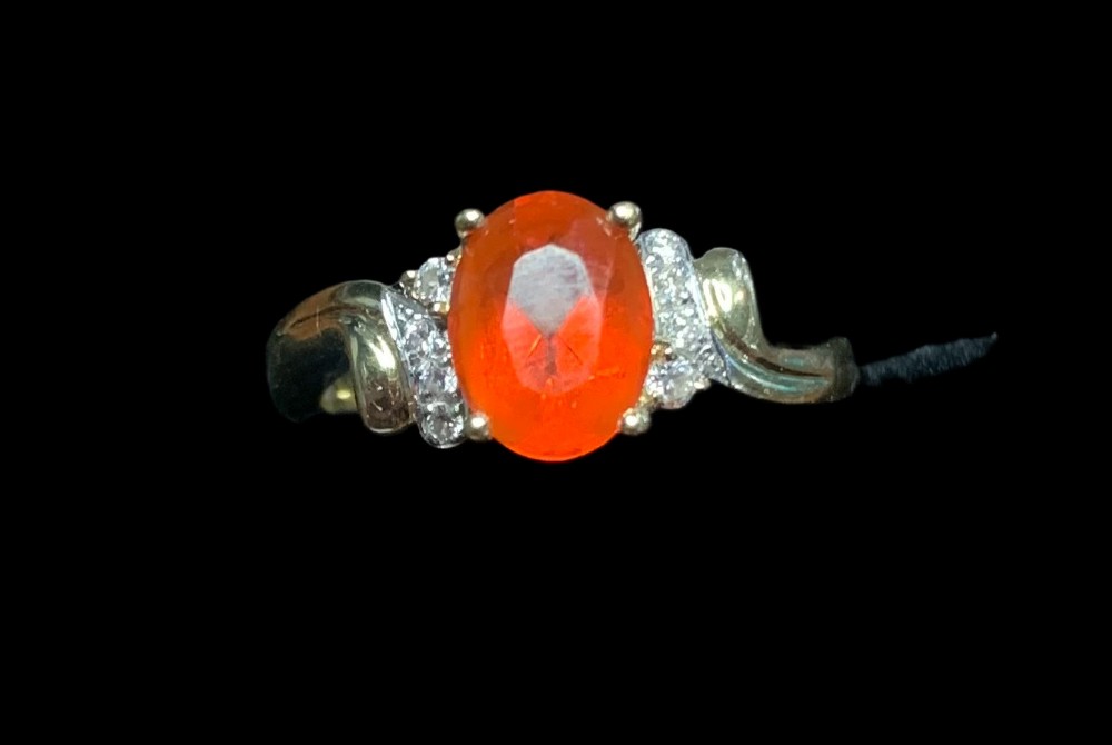 vibrant fire opal diamond trilogy 14ct gold ring size i12